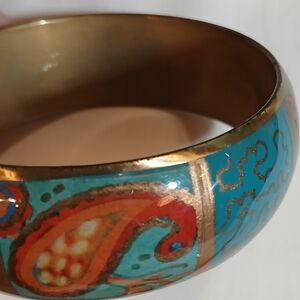 Vintage Brass Metal Colorful Enamel Bangle Bracelet Paisley
